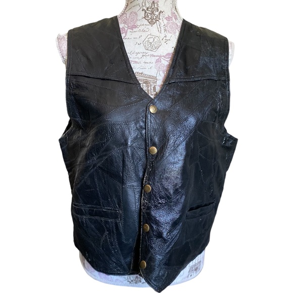 Vintage 80s Mens Patchwork Black Leather Motorcycle Vest Unisex - Picture 1 of 9